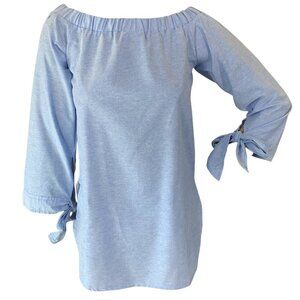 NWT CocoEpps Off Shoulder Blouse Top Tie Sleeve Sz S Blue #338D